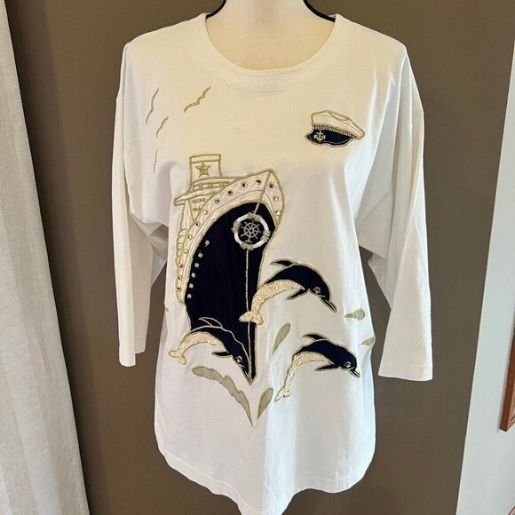 Gardy Tops - Vintage GrannyCore Nautical Drop Sleeve 3D Gardy Oversized Tee Top, Size M/L